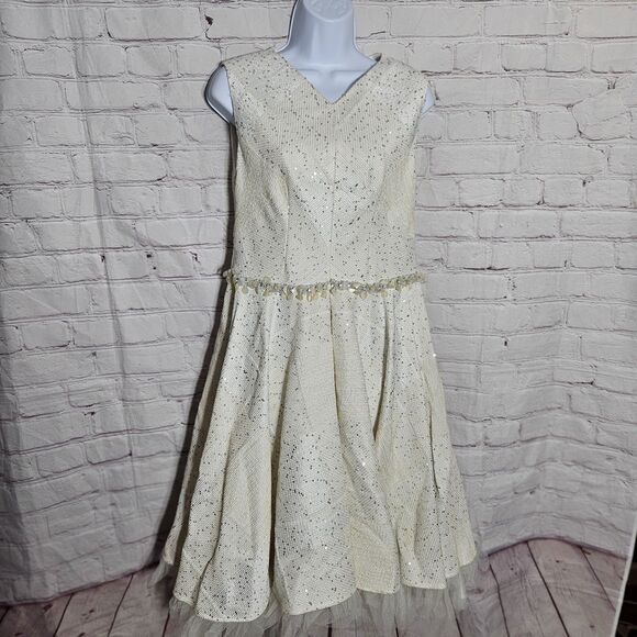 Talbot Runhof Womens 10 40 Cream Embellished Mesh Flared Sleeveless Midi Dress - Picture 2 of 8